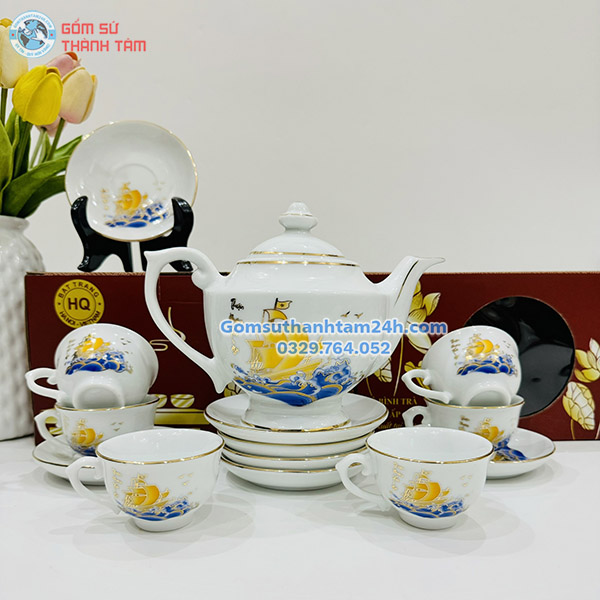 ẤM CHÉN TRẮNG IN LOGO HOẠ TIẾT VÀNG KIM CHẤT LƯỢNG