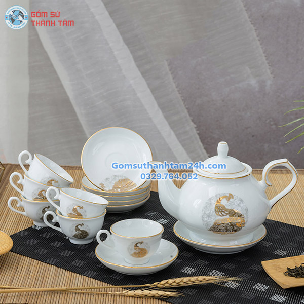 ẤM CHÉN TRẮNG IN LOGO HOẠ TIẾT VÀNG KIM SANG TRỌNG