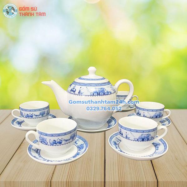 ẤM CHÉN HOẠ TIẾT MEN TRẮNG IN LOGO CAO CẤP