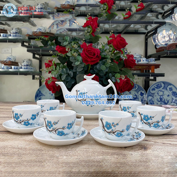 BỘ ẤM CHÉN TRẮNG IN LOGO HOA VĂN TINH XẢO, TỈ MỈ