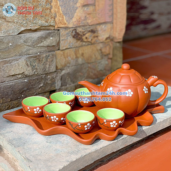 ẤM CHÉN TỬ SA MEN ĐỎ KHAY LÁ NHỌN SANG TRỌNG