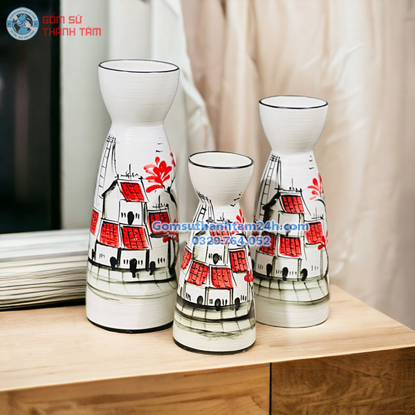 BỘ BA BÌNH HOA VẼ TAY CAO CẤP DÁNG CỔ THẮT