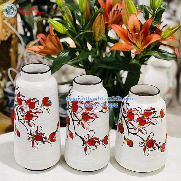 BỘ BA BÌNH HOA VẼ TAY CAO CẤP DÁNG VÁT