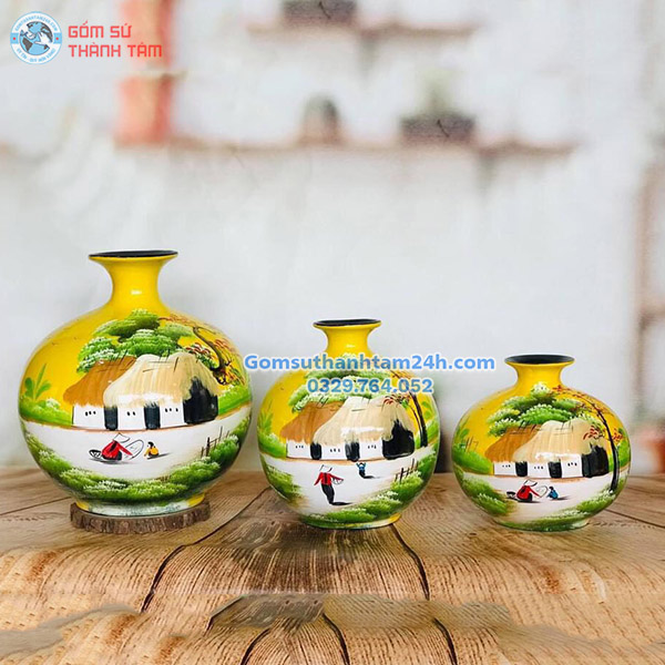 BÌNH HOA GỐM SƠN MÀI DÁNG BÌNH HÚT LỘC