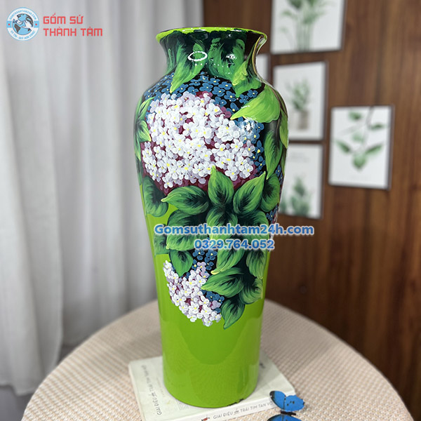 BÌNH HOA GỐM SƠN MÀI DÁNG CAO MÀU XANH HOẠ TIẾT HOA