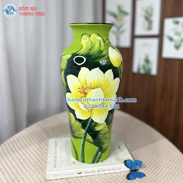 BÌNH HOA GỐM SƠN MÀI DÁNG CAO MÀU XANH HOẠ TIẾT HOA