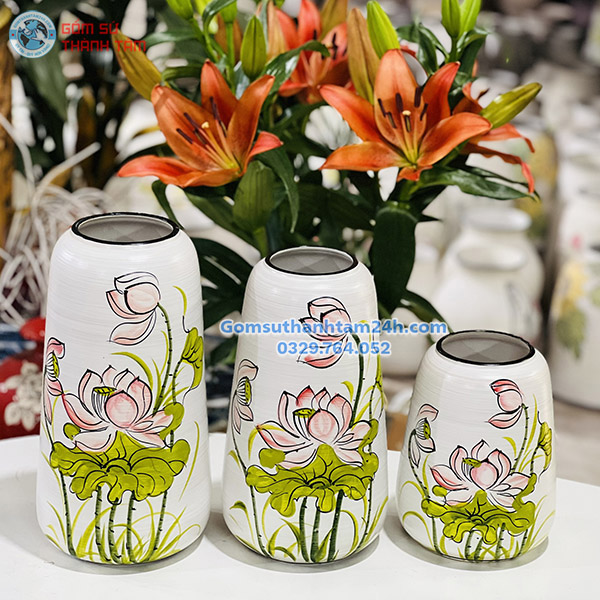 BỘ BA BÌNH HOA VẼ TAY DÁNG ĐU ĐỦ