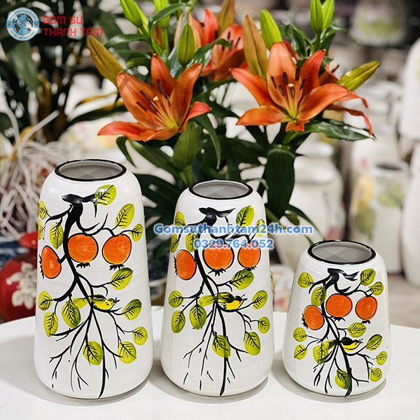 BỘ BA BÌNH HOA VẼ TAY DÁNG ĐU ĐỦ