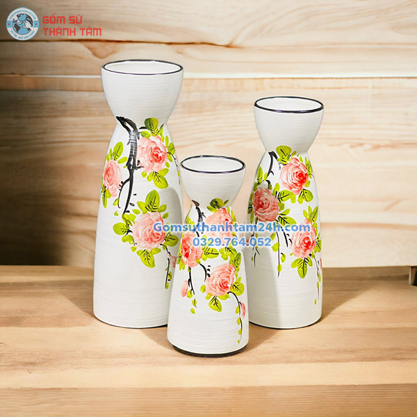 BỘ BA BÌNH HOA VẼ TAY CAO CẤP DÁNG CỔ THẮT