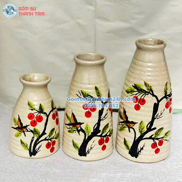 BỘ BA BÌNH HOA VẼ TAY MEN TIÊU DÁNG CHAI SAKE