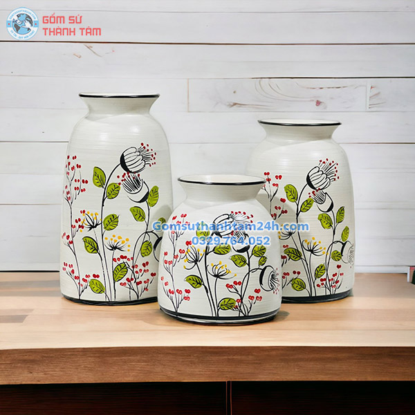 BỘ BA BÌNH HOA VẼ TAY CAO CẤP MEN TRẮNG