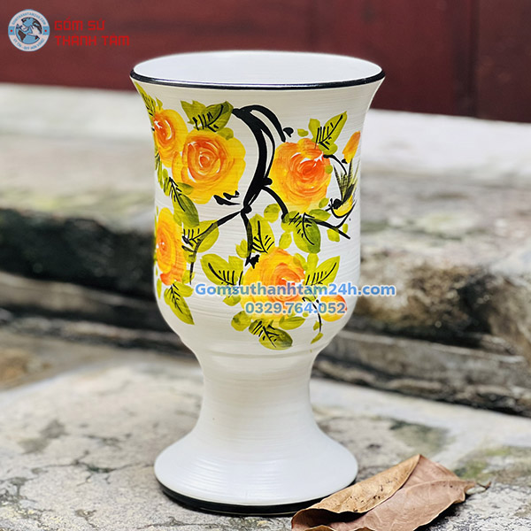 BÌNH HOA VẼ TAY TỈ MỈ, CAO CẤP MEN TRẮNG DÁNG LY