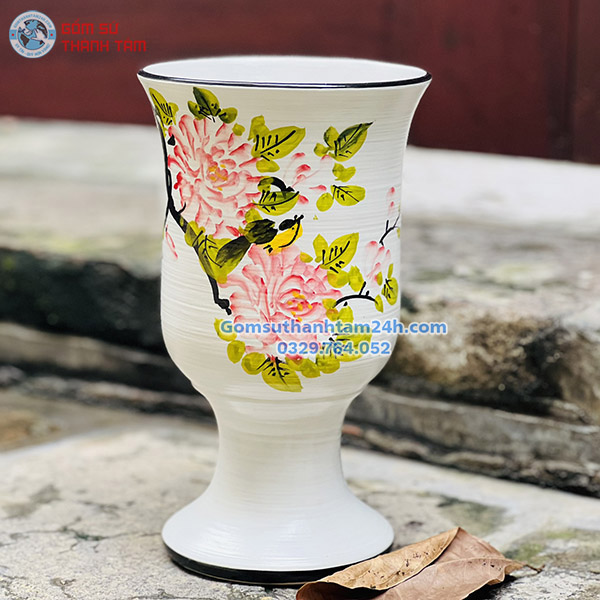BÌNH HOA VẼ TAY TỈ MỈ, CAO CẤP MEN TRẮNG DÁNG LY