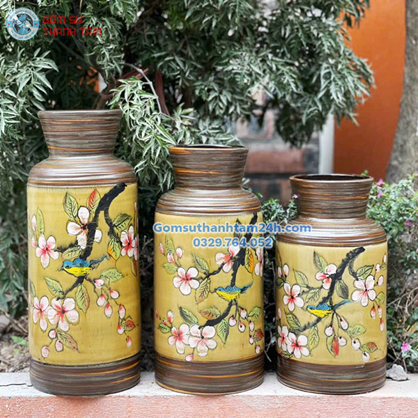 BỘ BA BÌNH HOA VẼ TAY CAO CẤP MEN NÂU ĐỘC ĐÁO