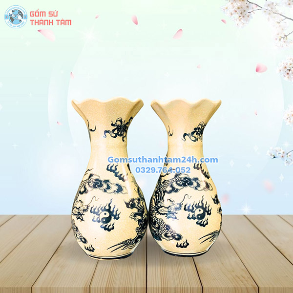 CẶP BÌNH HOA MEN RẠN GIẢ CỔ HOẠ TIẾT RỒNG, SEN