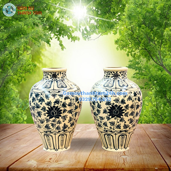 BÌNH HOA MEN RẠN GIẢ CỔ BÁT TRÀNG VẼ HOA SEN DÂY