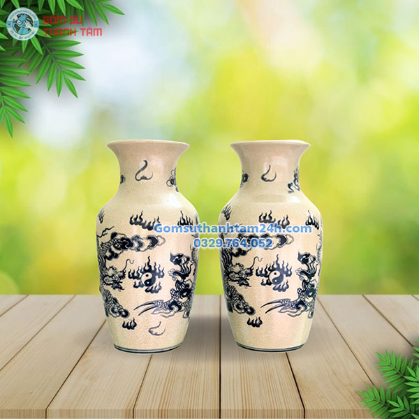 BÌNH HOA MEN RẠN GIẢ CỔ DÁNG LỤC BÌNH HOẠ TIẾT RỒNG