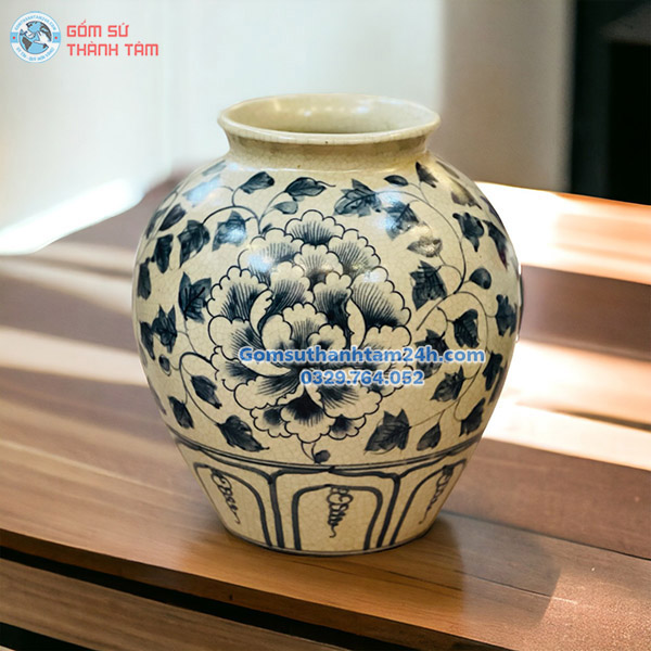 BÌNH HOA MEN RẠN GIẢ CỔ DÁNG TRÒN HOẠ TIẾT ĐỘC ĐÁO