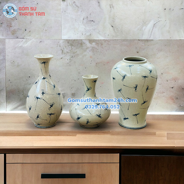 BÌNH HOA MEN RẠN GIẢ CỔ HOẠ TIẾT CHUỒN CHUỒN