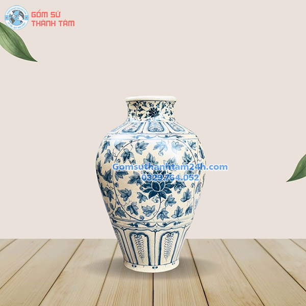 BÌNH HOA MEN RẠN GIẢ CỔ BÁT TRÀNG VẼ HOA SEN DÂY