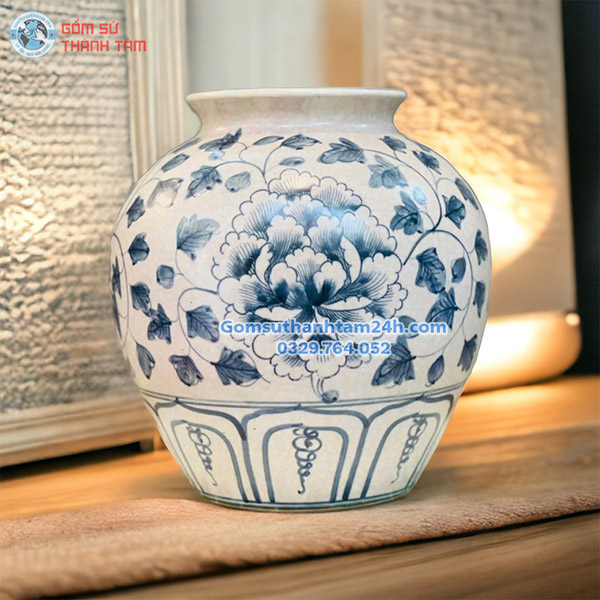 BÌNH HOA MEN RẠN GIẢ CỔ DÁNG TRÒN HOẠ TIẾT ĐỘC ĐÁO