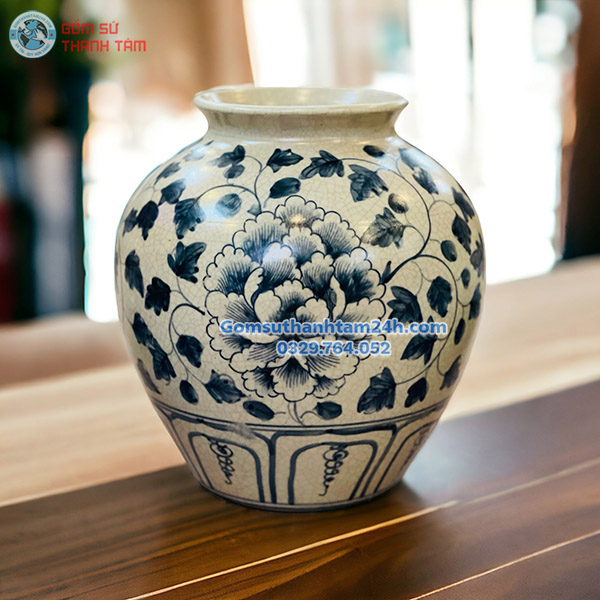 BÌNH HOA MEN RẠN GIẢ CỔ DÁNG TRÒN HOẠ TIẾT ĐỘC ĐÁO