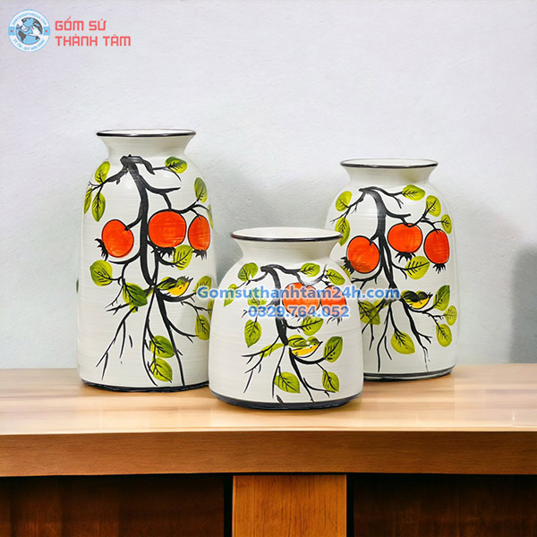BỘ BA BÌNH HOA VẼ TAY CAO CẤP MEN TRẮNG