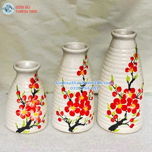 BỘ BA BÌNH HOA VẼ TAY MEN TIÊU DÁNG CHAI SAKE