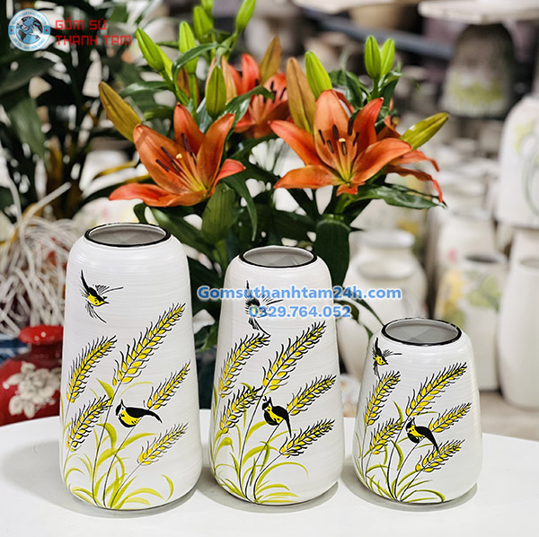 BỘ BA BÌNH HOA VẼ TAY DÁNG ĐU ĐỦ