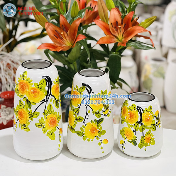 BỘ BA BÌNH HOA VẼ TAY DÁNG ĐU ĐỦ