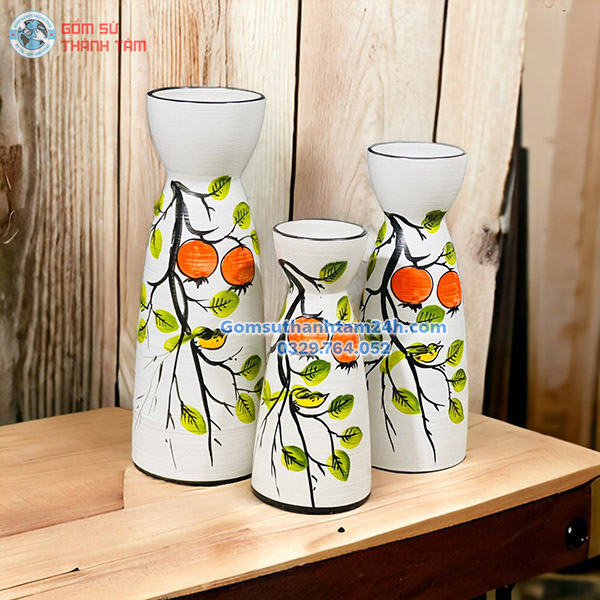 BỘ BA BÌNH HOA VẼ TAY CAO CẤP DÁNG CỔ THẮT