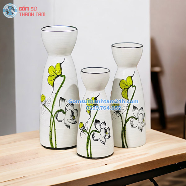 BỘ BA BÌNH HOA VẼ TAY CAO CẤP DÁNG CỔ THẮT