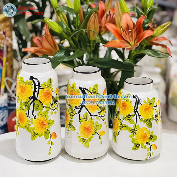 BỘ BA BÌNH HOA VẼ TAY CAO CẤP DÁNG VÁT
