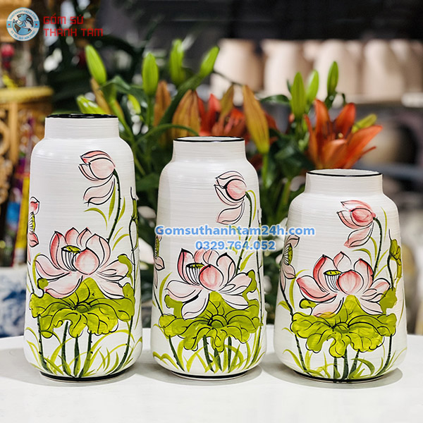 BỘ BA BÌNH HOA VẼ TAY CAO CẤP DÁNG VÁT