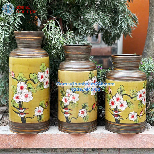 BỘ BA BÌNH HOA VẼ TAY CAO CẤP MEN NÂU ĐỘC ĐÁO