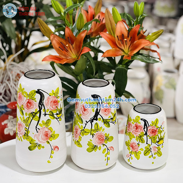 BỘ BA BÌNH HOA VẼ TAY DÁNG ĐU ĐỦ