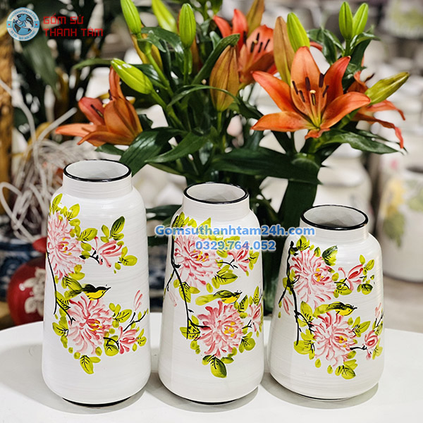 BỘ BA BÌNH HOA VẼ TAY CAO CẤP DÁNG VÁT