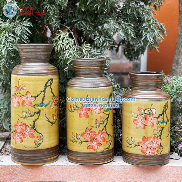 BỘ BA BÌNH HOA VẼ TAY CAO CẤP MEN NÂU ĐỘC ĐÁO