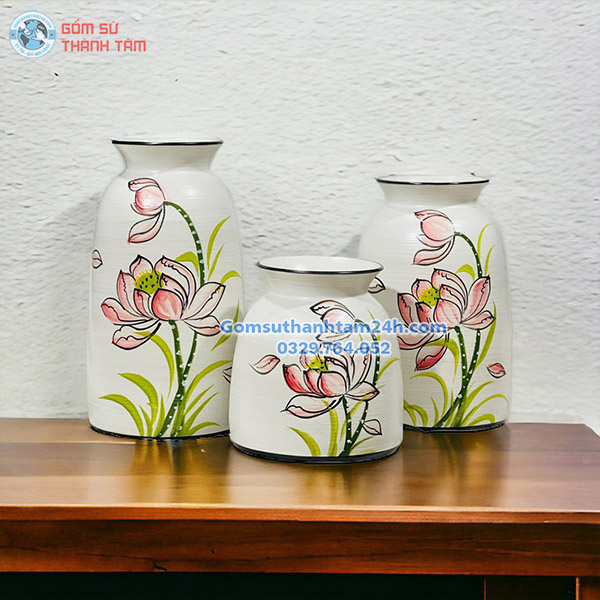 BỘ BA BÌNH HOA VẼ TAY CAO CẤP MEN TRẮNG