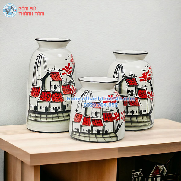 BỘ BA BÌNH HOA VẼ TAY CAO CẤP MEN TRẮNG