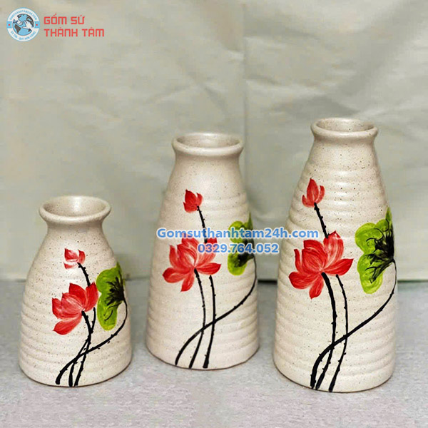 BỘ BA BÌNH HOA VẼ TAY MEN TIÊU DÁNG CHAI SAKE