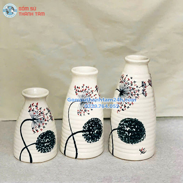BỘ BA BÌNH HOA VẼ TAY MEN TIÊU DÁNG CHAI SAKE