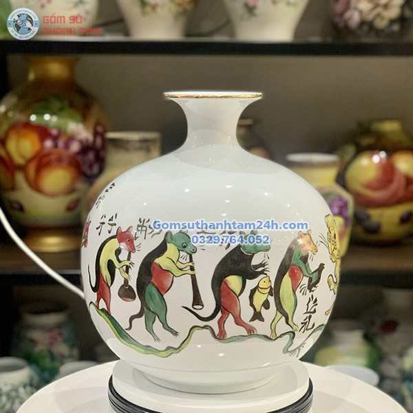 BÌNH HÚT LỘC TRẮNG HOA VĂN VÀNG KIM ĐÁM CƯỚI CHUỘT