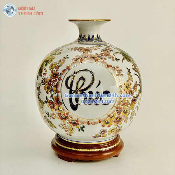 BÌNH HÚT LỘC TRẮNG HOA VĂN VÀNG KIM PHÚC LỘC THỌ