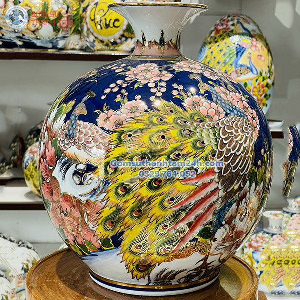 BÌNH HÚT LỘC XANH DƯƠNG HOA VĂN VÀNG KIM CHIM CÔNG