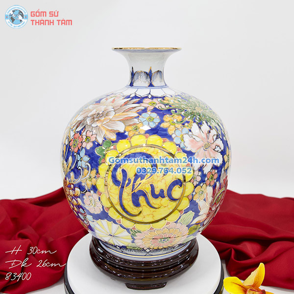 BÌNH HÚT LỘC XANH DƯƠNG HOA VĂN VÀNG KIM PHÚC LỘC THỌ