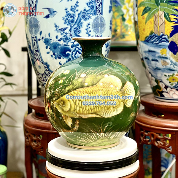 BÌNH HÚT LỘC XANH LÁ HOA VĂN VÀNG KIM CÁ CHÉP