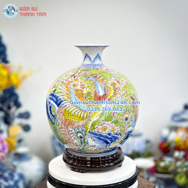 BÌNH HÚT LỘC XANH LÁ HOA VĂN VÀNG KIM PHƯỢNG