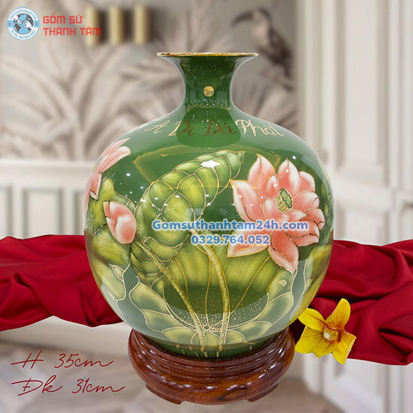 BÌNH HÚT LỘC XANH LÁ HOA VĂN VÀNG KIM HOA SEN