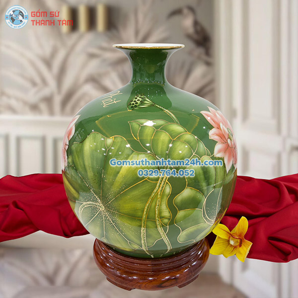 BÌNH HÚT LỘC XANH LÁ HOA VĂN VÀNG KIM HOA SEN